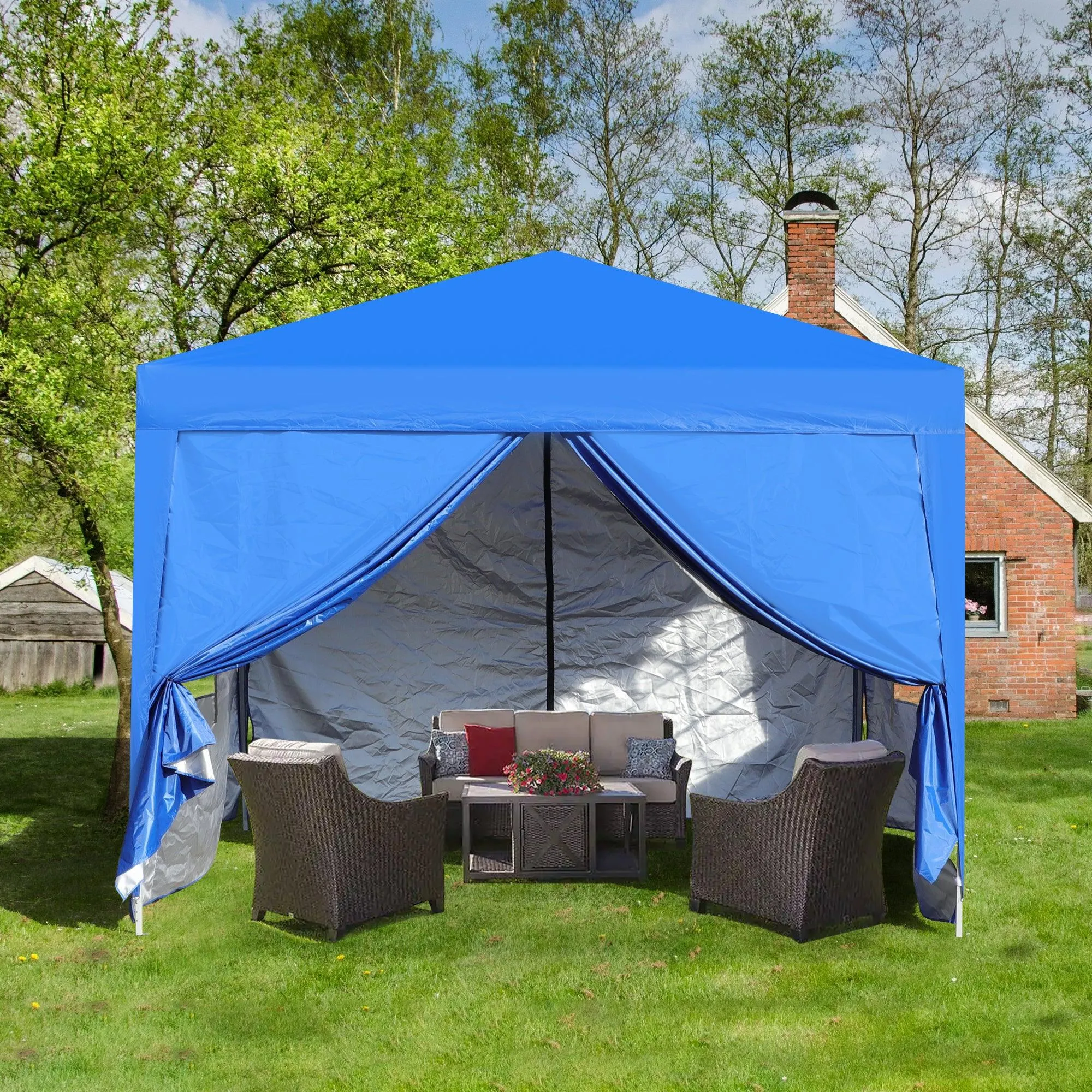 10x 10Ft Pop Up Gazebo Canopy Tent with Zipper,2pcs Sidewall,4pcs Weight sand bag,Carry Bag-Blue