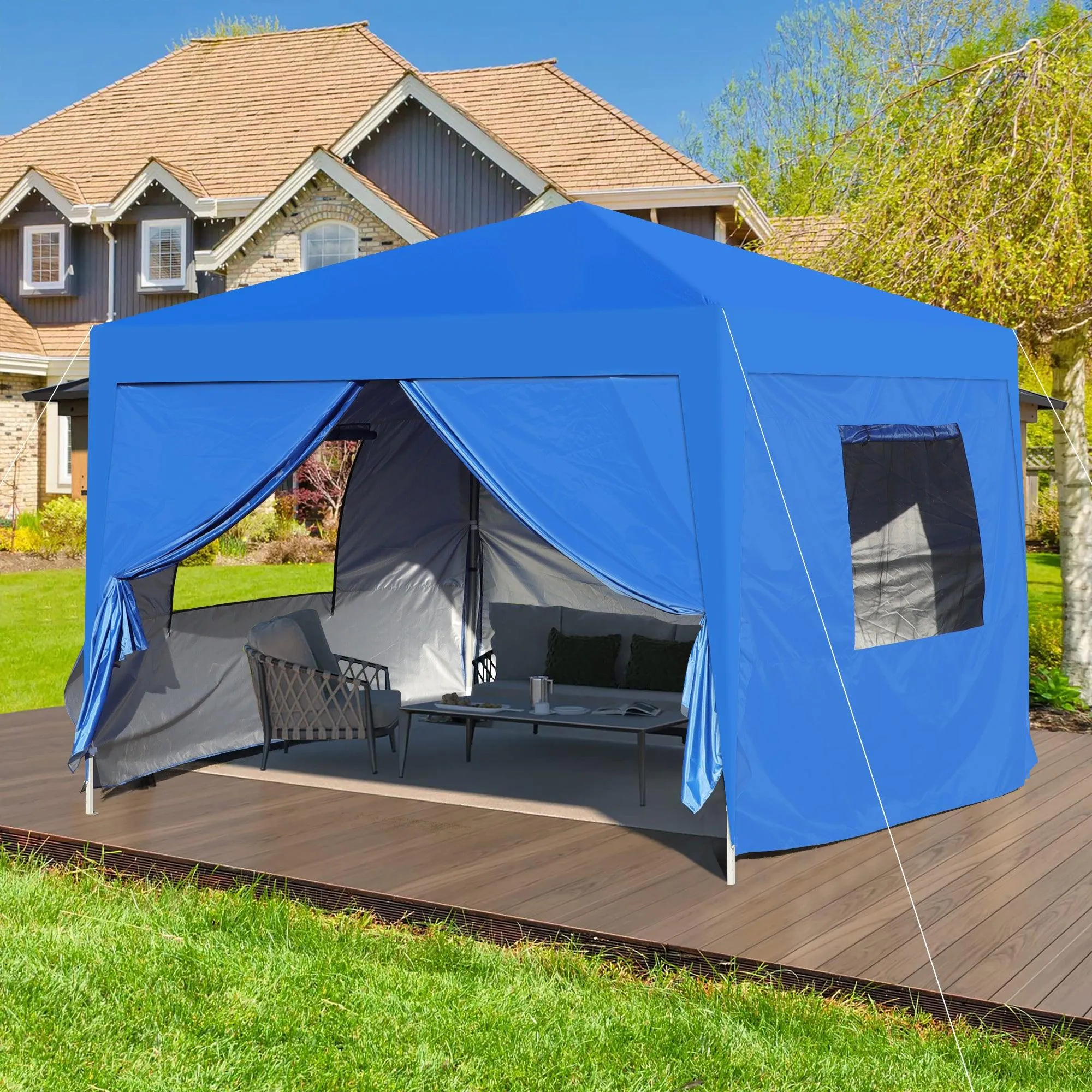 10x 10Ft Pop Up Gazebo Canopy Tent with Zipper,2pcs Sidewall,4pcs Weight sand bag,Carry Bag-Blue