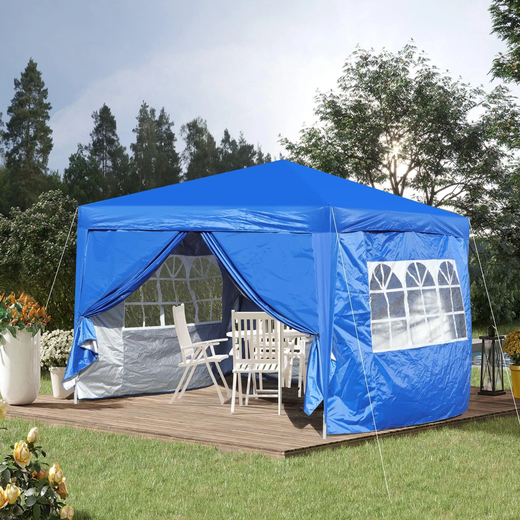 10x 10Ft Pop Up Gazebo Canopy Tent with Zipper,2pcs Sidewall,4pcs Weight sand bag,with Carry Bag-Blue