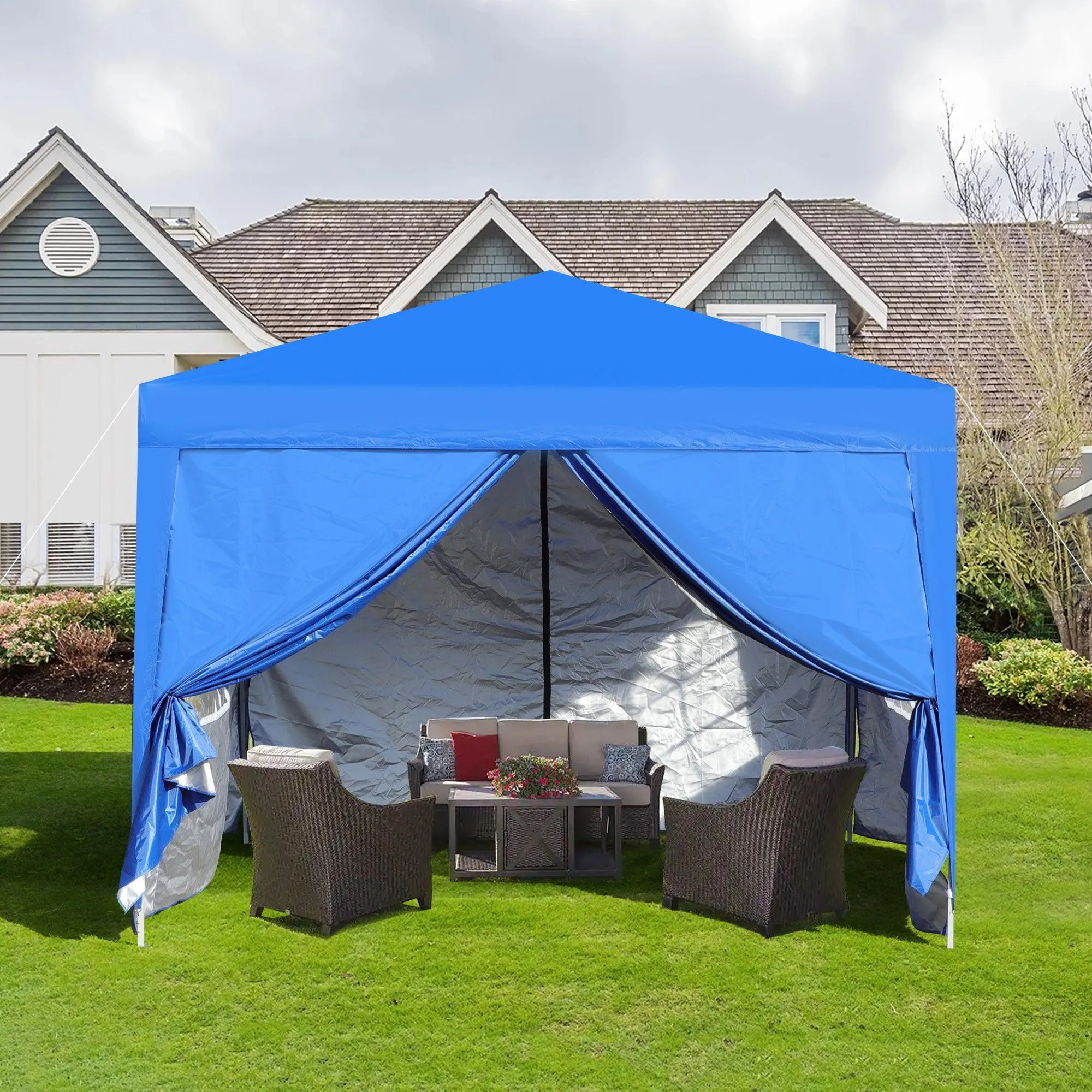 10x 10Ft Pop Up Gazebo Canopy Tent with Zipper,2pcs Sidewall,4pcs Weight sand bag,with Carry Bag-Blue