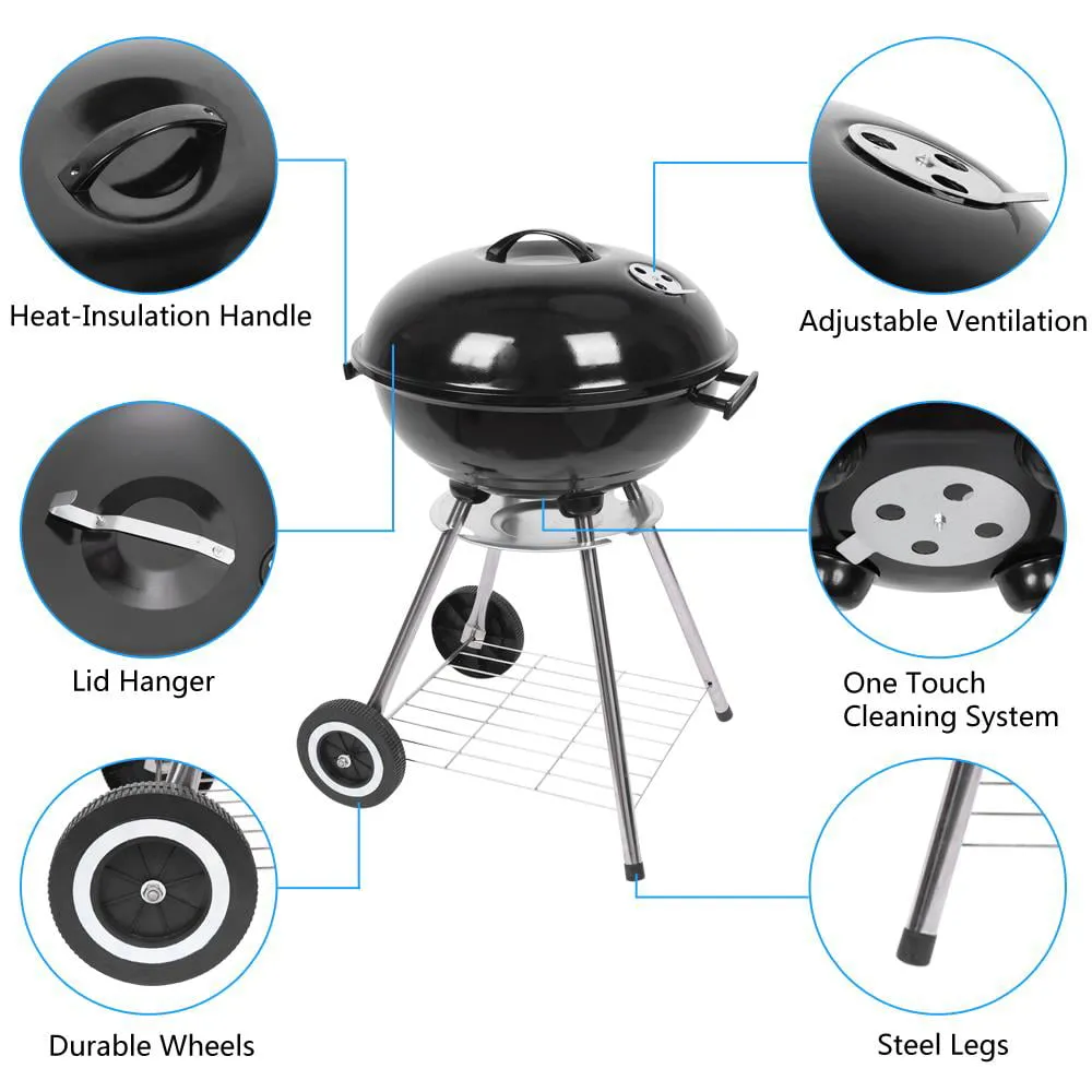 18" Portable Charcoal BBQ Grill Outdoor Camping Backyard with Side Wheels Black