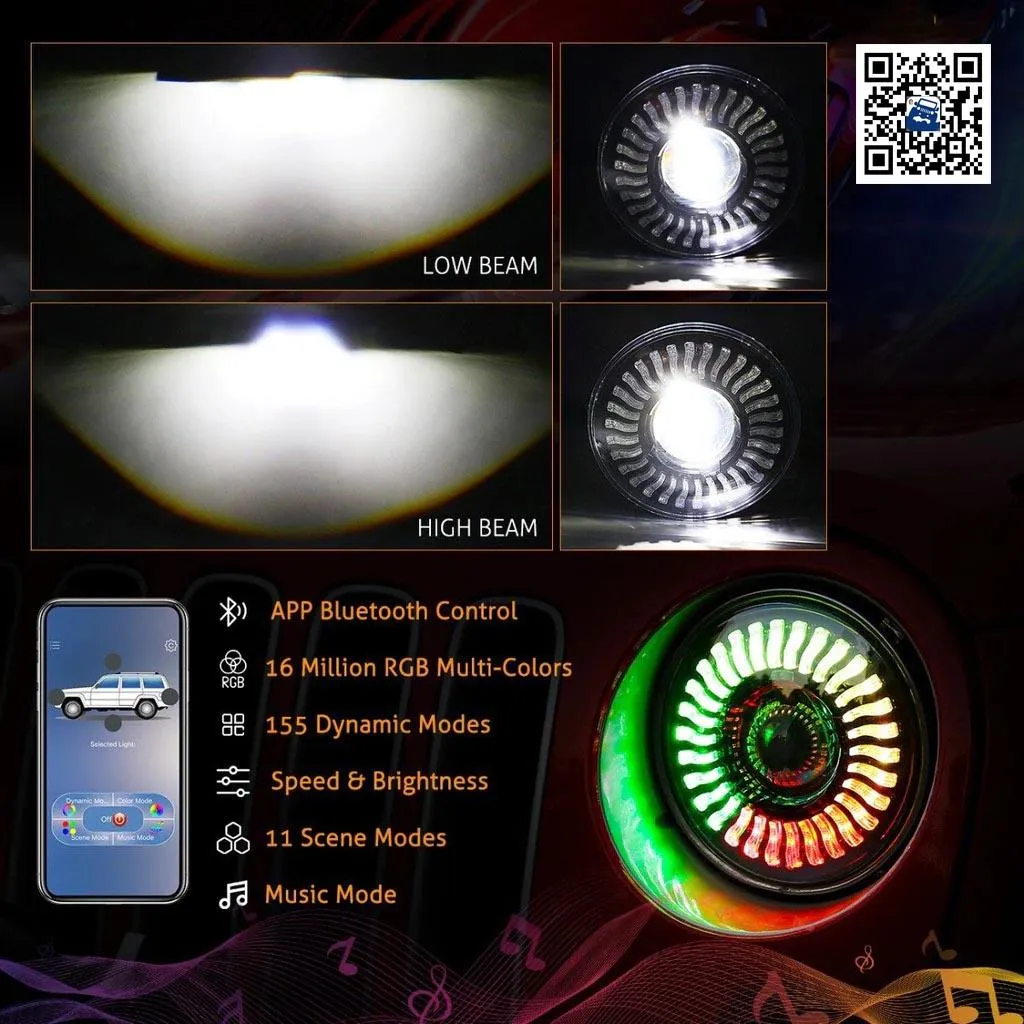 (2pcs/set) 7 inch 80W Hi-Lo Beam LED Headlight With RGB Flowing Halo Ring App Control for Jeep Wrangler JK, TJ, LJ, CJ