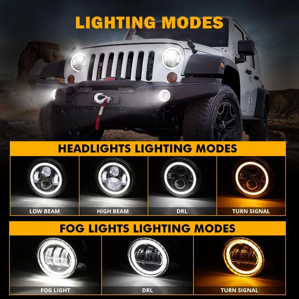 7 Inch LED Headlights   4 Inch LED Fog Lights Set with Halo DRL Turn Signal High Low Beam for Jeep Wrangler JK JKU TJ LJ Rubicon Sahara Unlimited 1997-2018