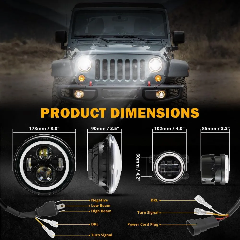 7 Inch LED Headlights   4 Inch LED Fog Lights Set with Halo DRL Turn Signal High Low Beam for Jeep Wrangler JK JKU TJ LJ Rubicon Sahara Unlimited 1997-2018