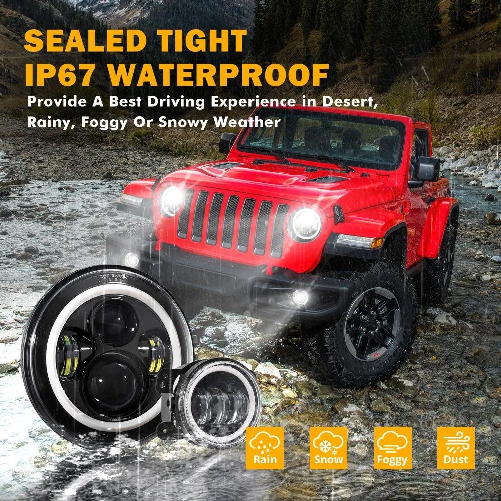 7 Inch LED Headlights   4 Inch LED Fog Lights Set with Halo DRL Turn Signal High Low Beam for Jeep Wrangler JK JKU TJ LJ Rubicon Sahara Unlimited 1997-2018