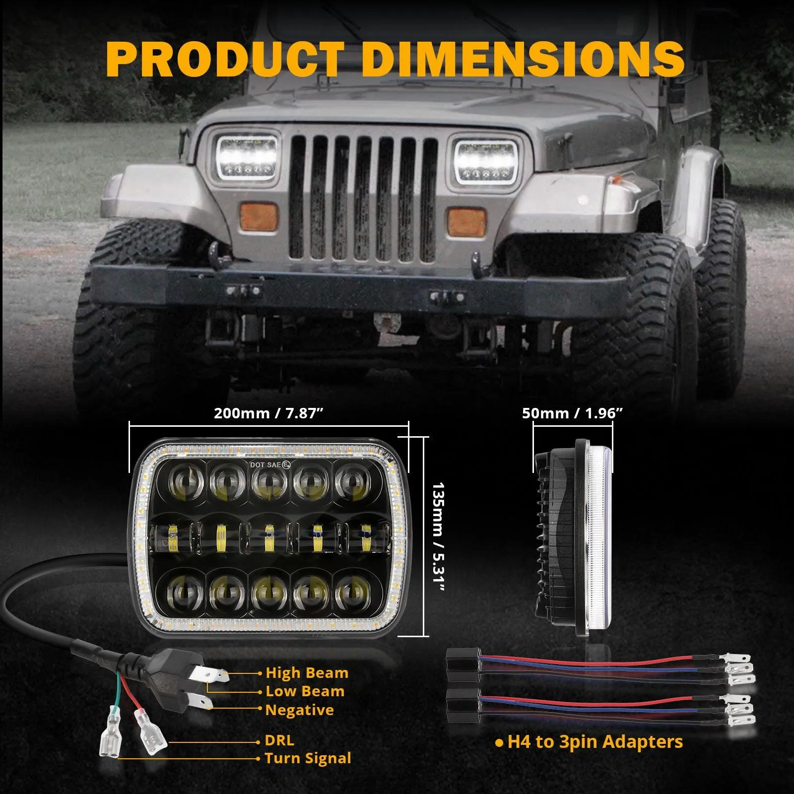 7x6 Inch LED Sealed Beam Headlights Hi-Lo Beam w/DRL Turn Signal DOT Approved for Jeep Wrangler YJ Cherokee XJ Ford Chevy GMC Toyota