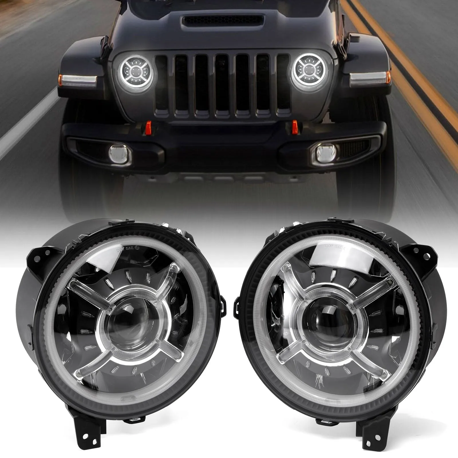 9 Inch 100W Dot Approved LED Headlights with Halo DRL&Turn Signal High/Low Beam for 2018-2023 Jeep Wrangler JL Sport Sahara Rubicon MOAB Gladiator JT