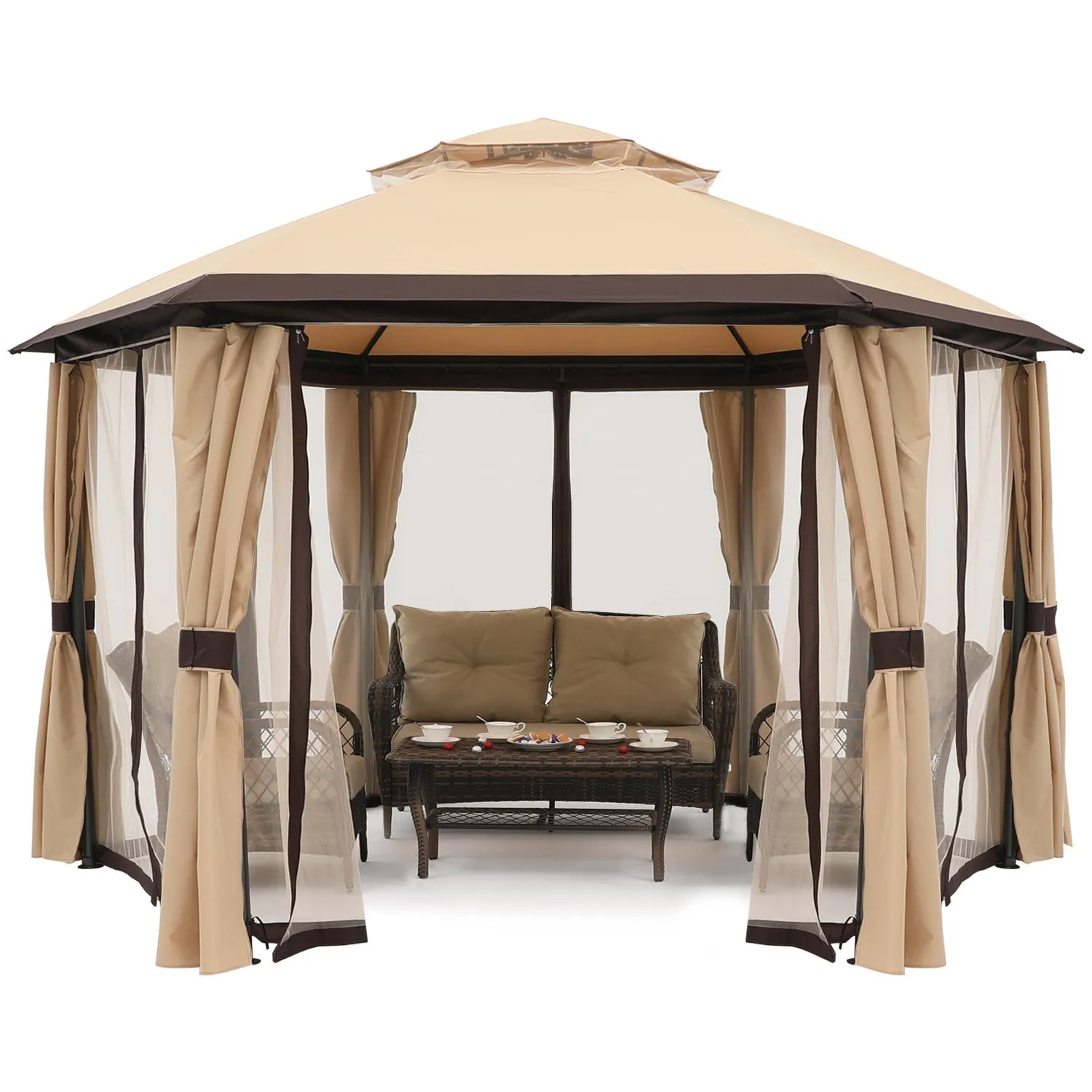 ABCCANOPY 10x10/13x13 Outdoor Hexagonal Gazebo with Netting and Privacy Curtains