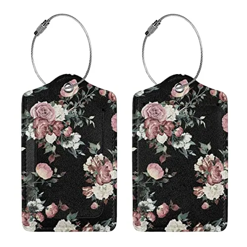 Black & Pink Wallpaper Flowers Leather Suitcase Luggage Tags, 2 Pack