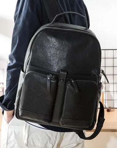 Black Fashion Mens Leather 15-inch Computer Backpacks Black Travel Backpacks College Backpack for men