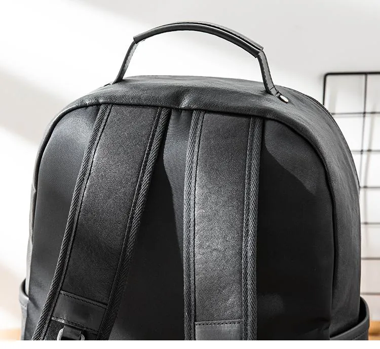 Black Fashion Mens Leather 15-inch Computer Backpacks Black Travel Backpacks College Backpack for men