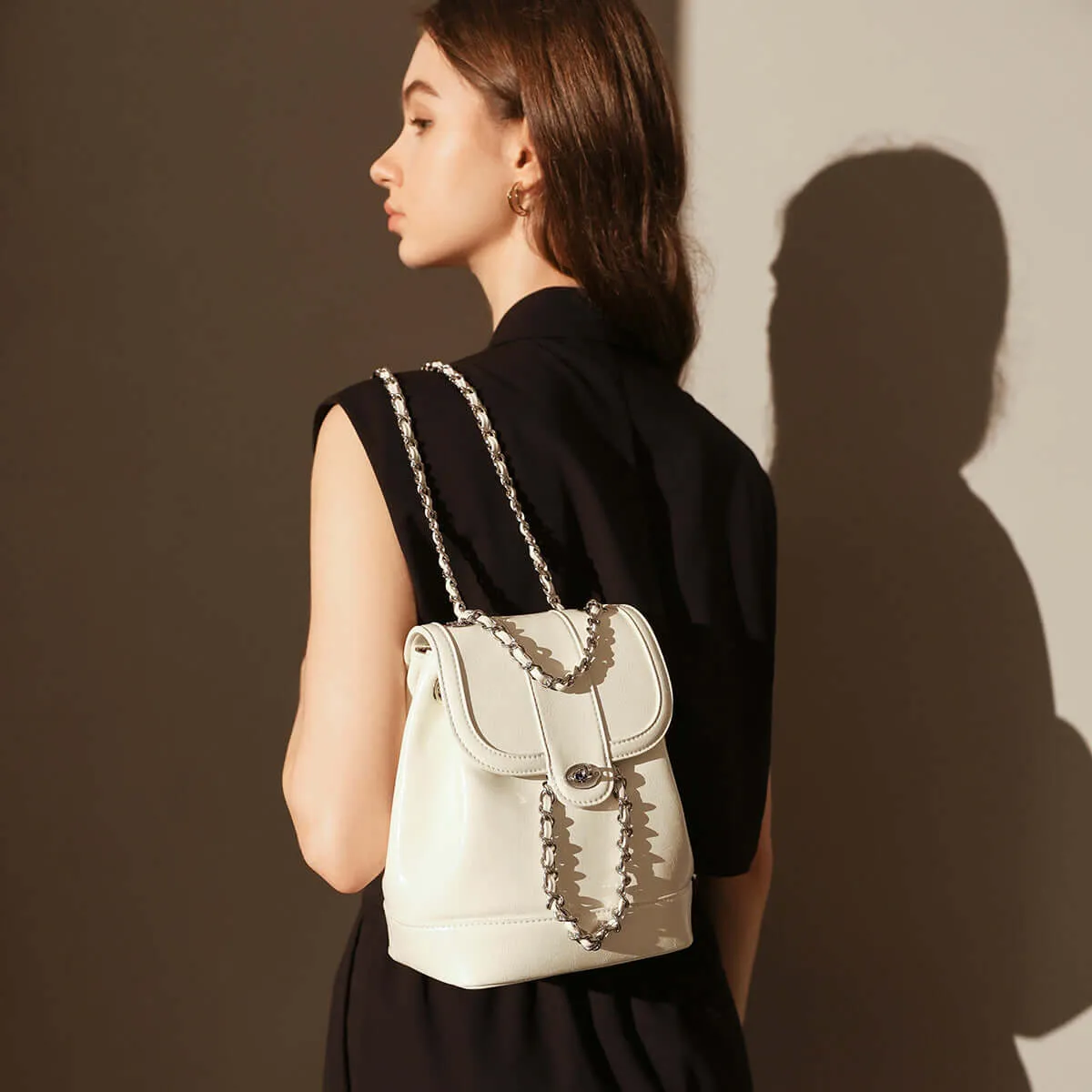 Color Block Backpack with Chain Leather Straps