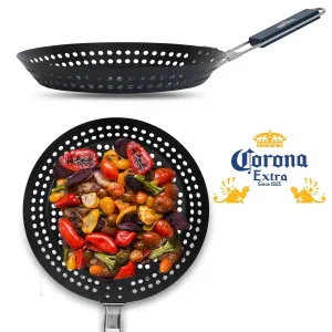 Corona BBQ Grill Accessories Set &ndash; Round 12&rdquo; sized Grilling Basket for Fish, Meat and Vegetable Bbq Grill Stainless Steel Basket with Folding Wood Grip Handle Perfect for Camping Cookware Set