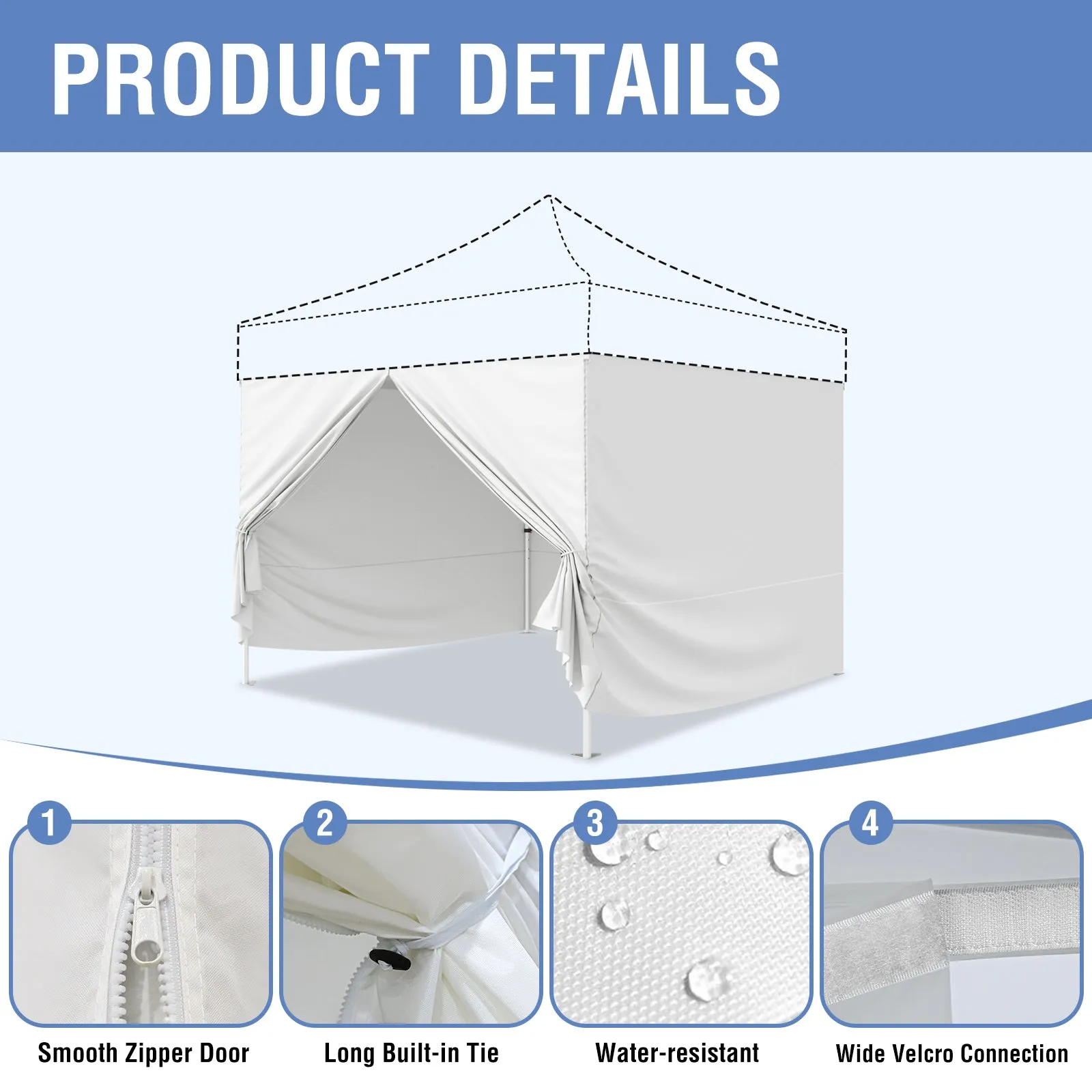 EAGLE PEAK 4-Piece Sunwall/Sidewalls for 10x10 ft Aluminum Custom Canopy Only, Includes 3 Sidewalls and 1 Entry Wall, Pack of 4, White