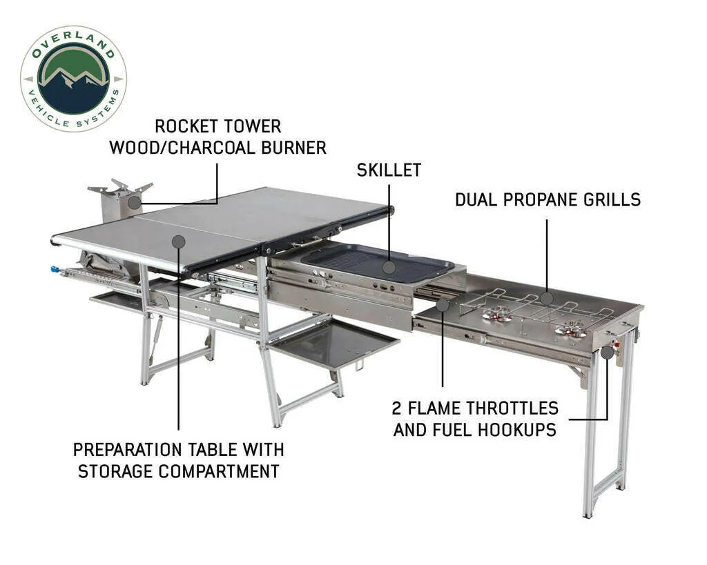 Komodo Camp Kitchen - Dual Grill, Skillet, Folding Shelves, and Rocket Tower - Stainless Steel