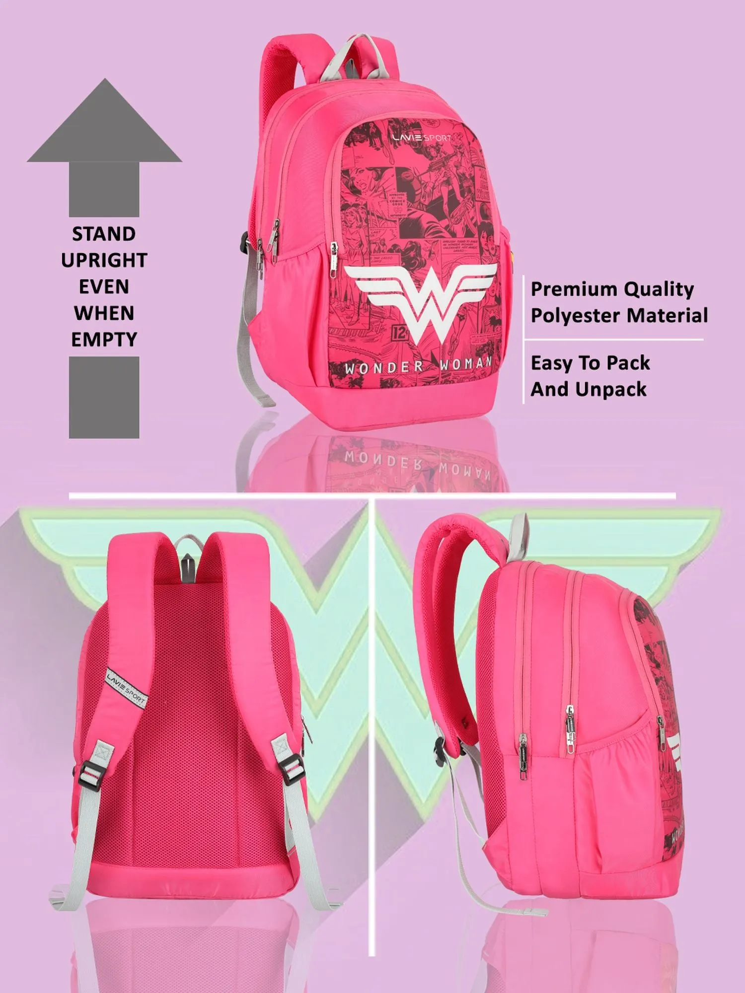 Lavie Sport Wonder Woman Wing 33L Casual Laptop Backpack For Boys & Girls Magenta