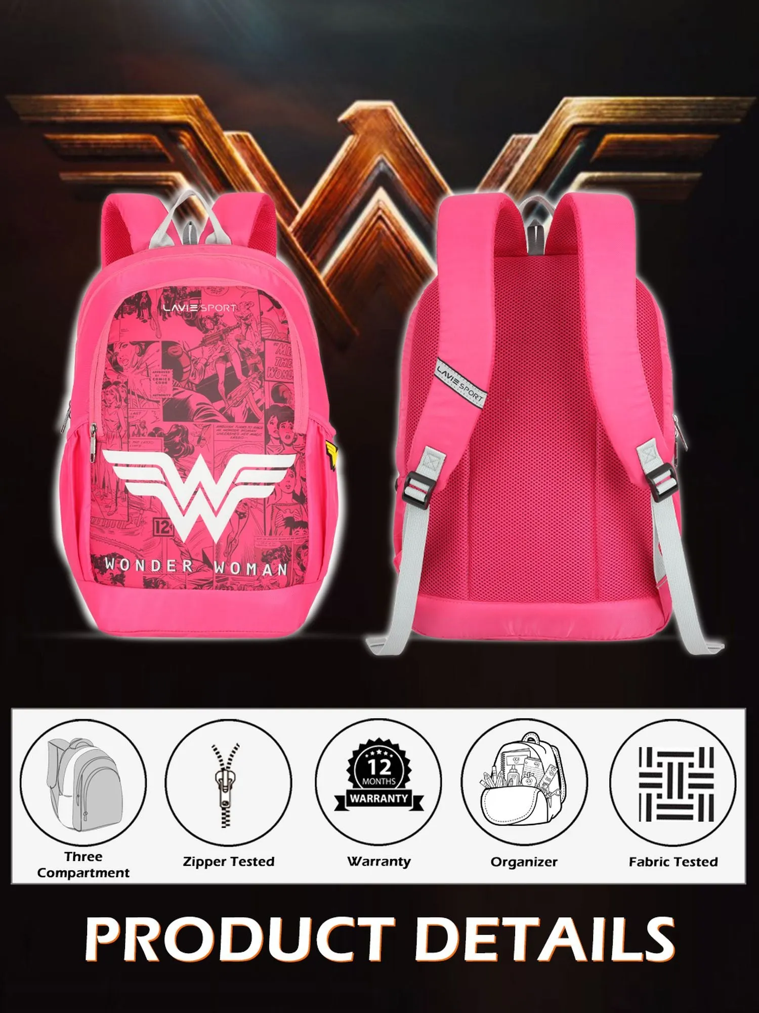 Lavie Sport Wonder Woman Wing 33L Casual Laptop Backpack For Boys & Girls Magenta