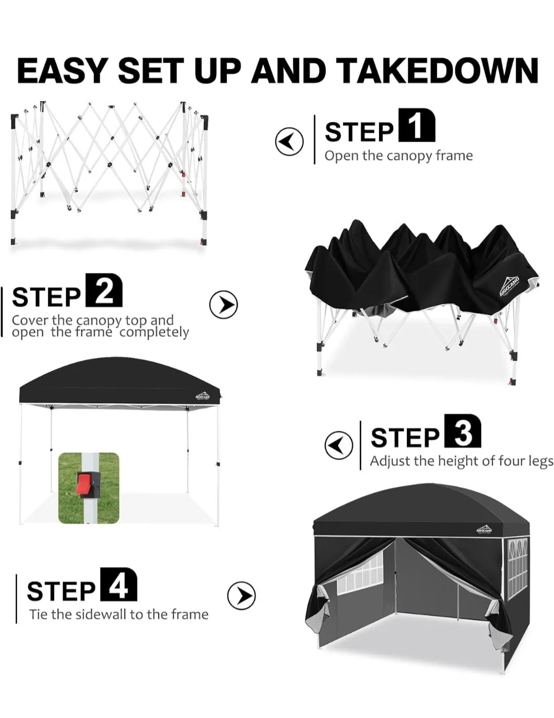 (Lawn & Garden) AIGOCANO Pop up Canopy Tent with 4 Sidewalls/10x10 Deluxe Dome Gazebo/Outdoor Parties/Garden/Patio with Roller Bag/4 Sandbags/4 Ropes/8 Stakes(Black)