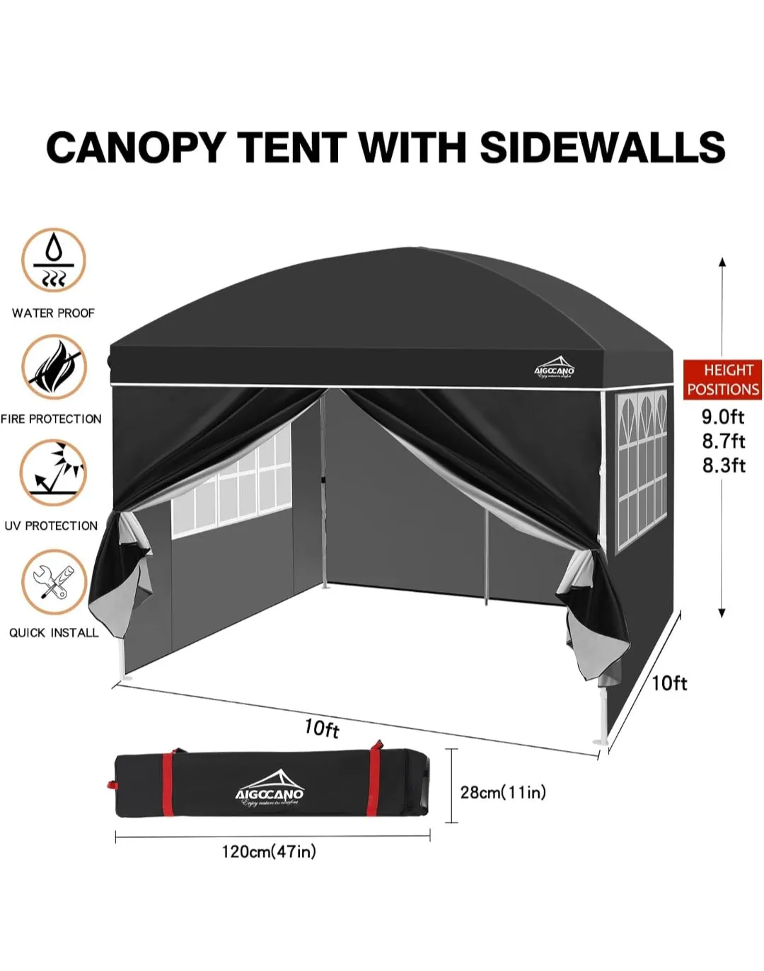 (Lawn & Garden) AIGOCANO Pop up Canopy Tent with 4 Sidewalls/10x10 Deluxe Dome Gazebo/Outdoor Parties/Garden/Patio with Roller Bag/4 Sandbags/4 Ropes/8 Stakes(Black)