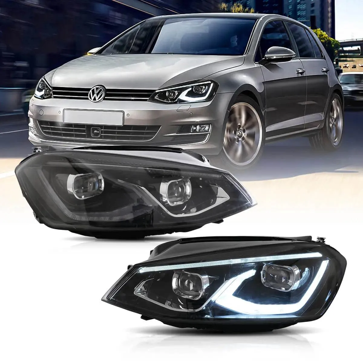 LED Headlight Assembly Dual Beam Projector Black for 2014-2017 Volkswagen Golf 7th Gen (Mk7,Typ 5G) Hatchback