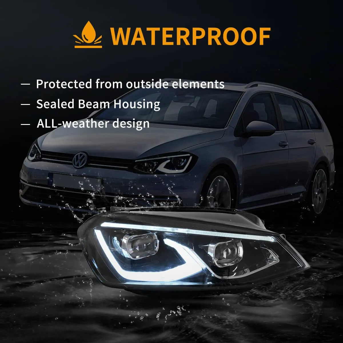 LED Headlight Assembly Dual Beam Projector Black for 2014-2017 Volkswagen Golf 7th Gen (Mk7,Typ 5G) Hatchback