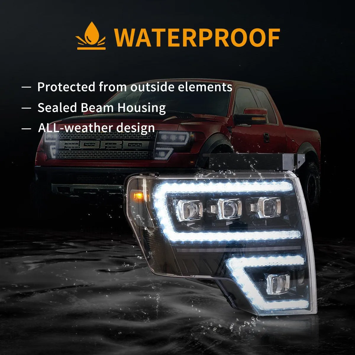 LED Headlight Assembly Matrix Projector Black For 2009-2014 Ford F150 12th Gen Models