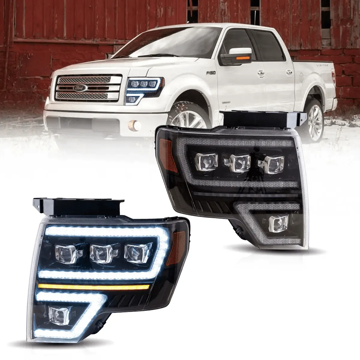 LED Headlight Assembly Matrix Projector Black For 2009-2014 Ford F150 12th Gen Models