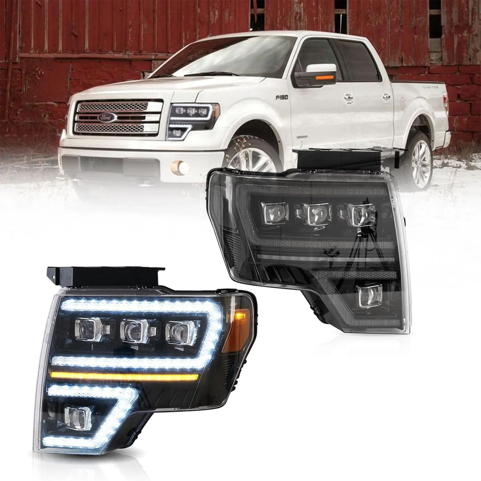 LED Headlight Assembly Matrix Projector Black For 2009-2014 Ford F150 12th Gen Models