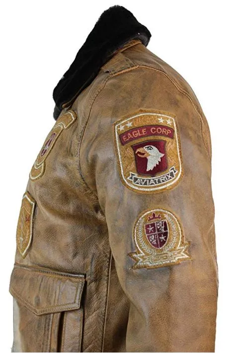 Men’s Aviator Tan Bomber Jacket With Patches