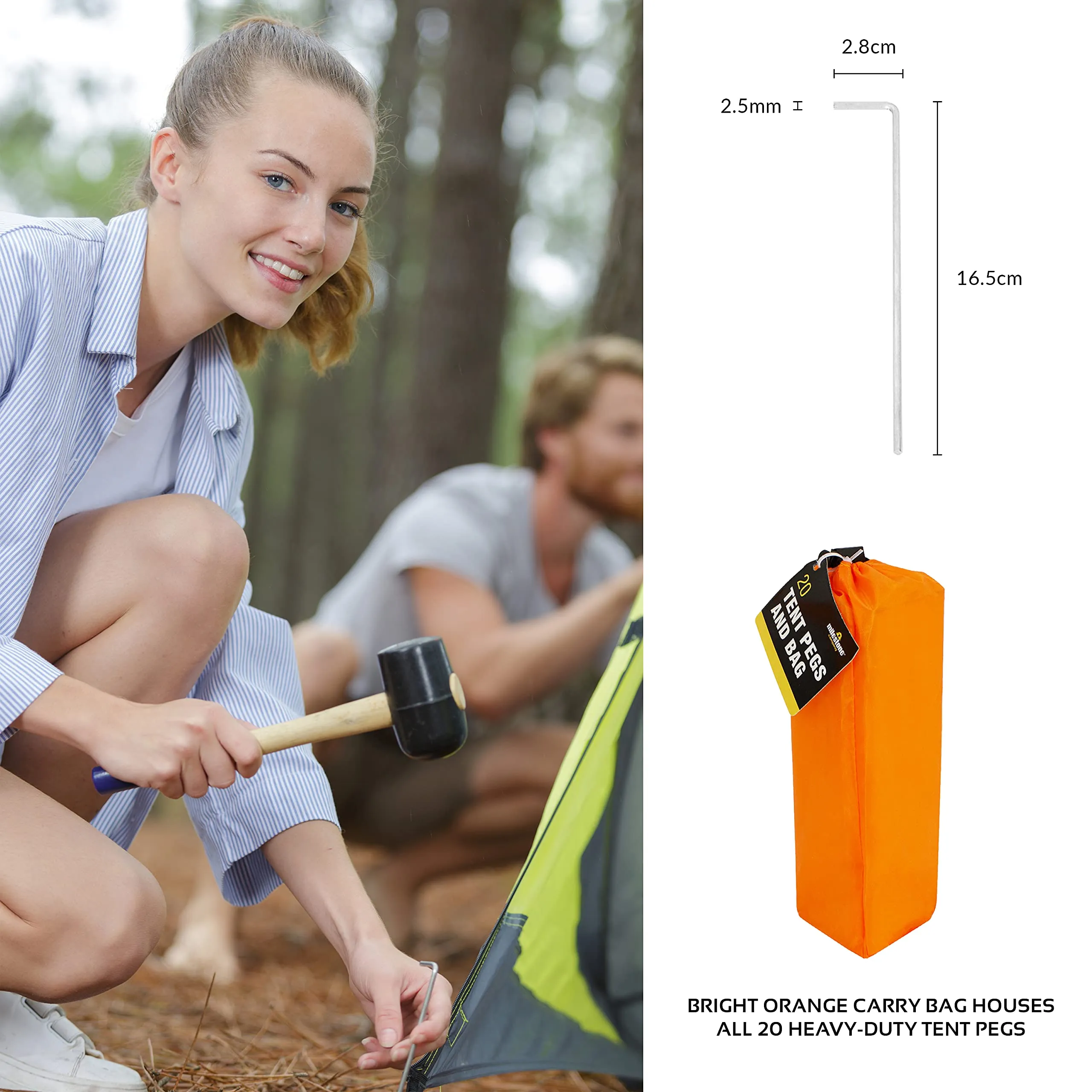 Milestone Camping 20930 20 Metal Tent Pegs With Carry Bag / 16.5cm Length / Great For Camping, Ground Tarps, Gazebos & More