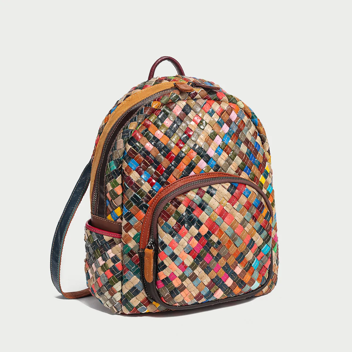 Multicolor Woven Leather School Backpack