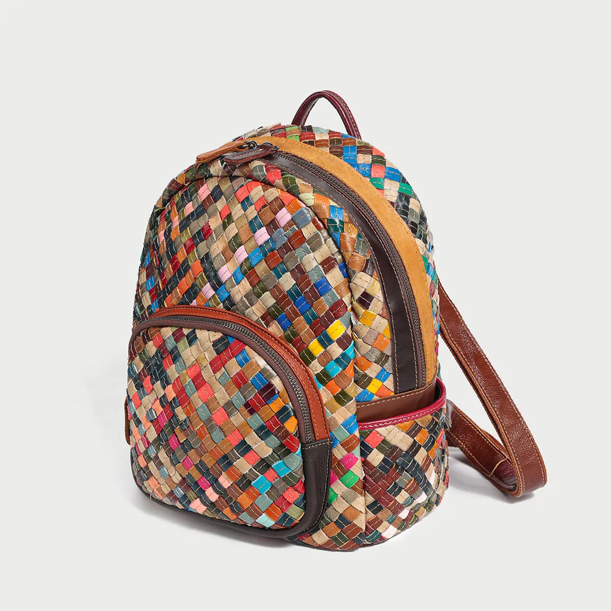 Multicolor Woven Leather School Backpack