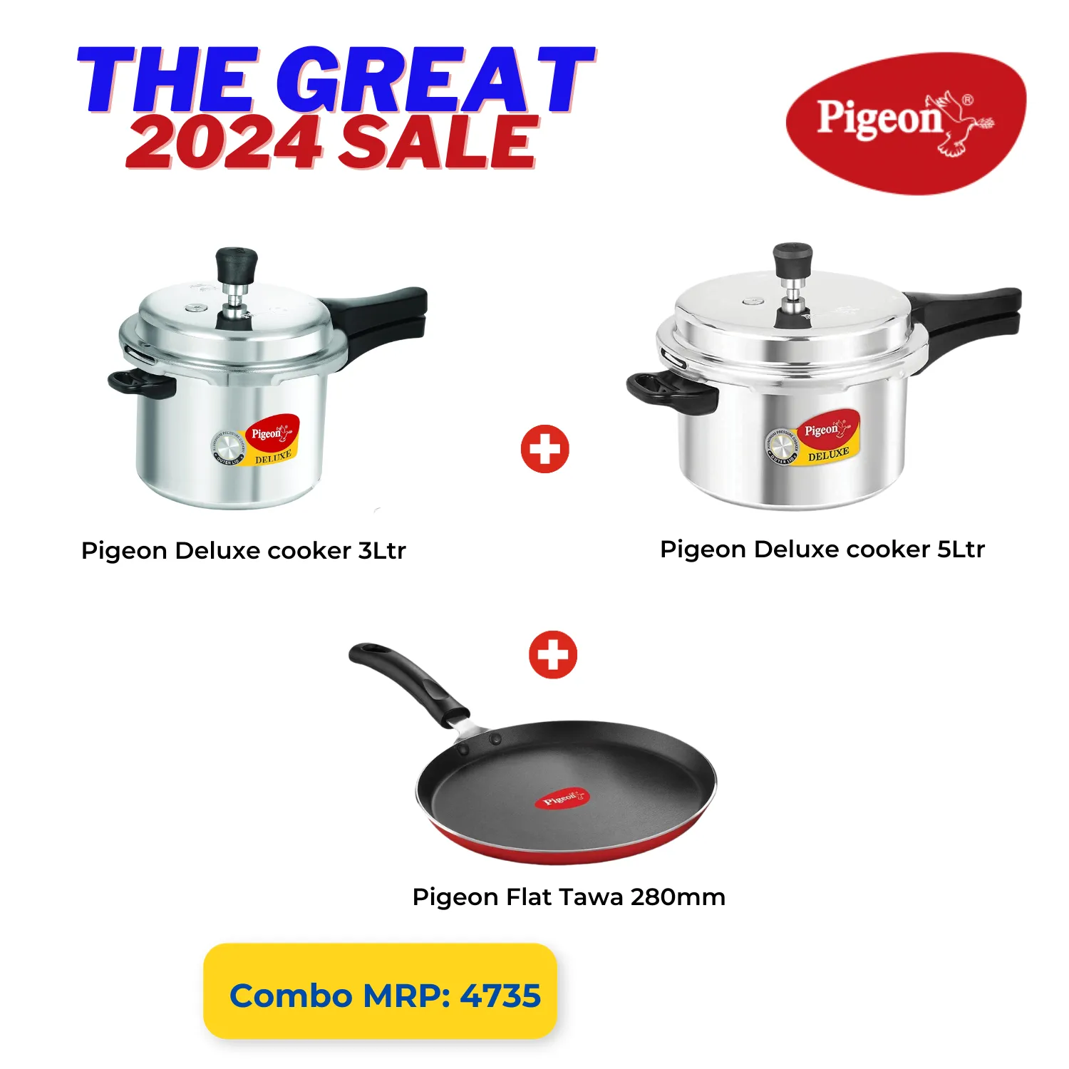 Pigeon The Great 2024 Sale: Aluminium Pressure Cooker 3L   5L Set with Flat Tawa 280  - Limited Stock! ♂