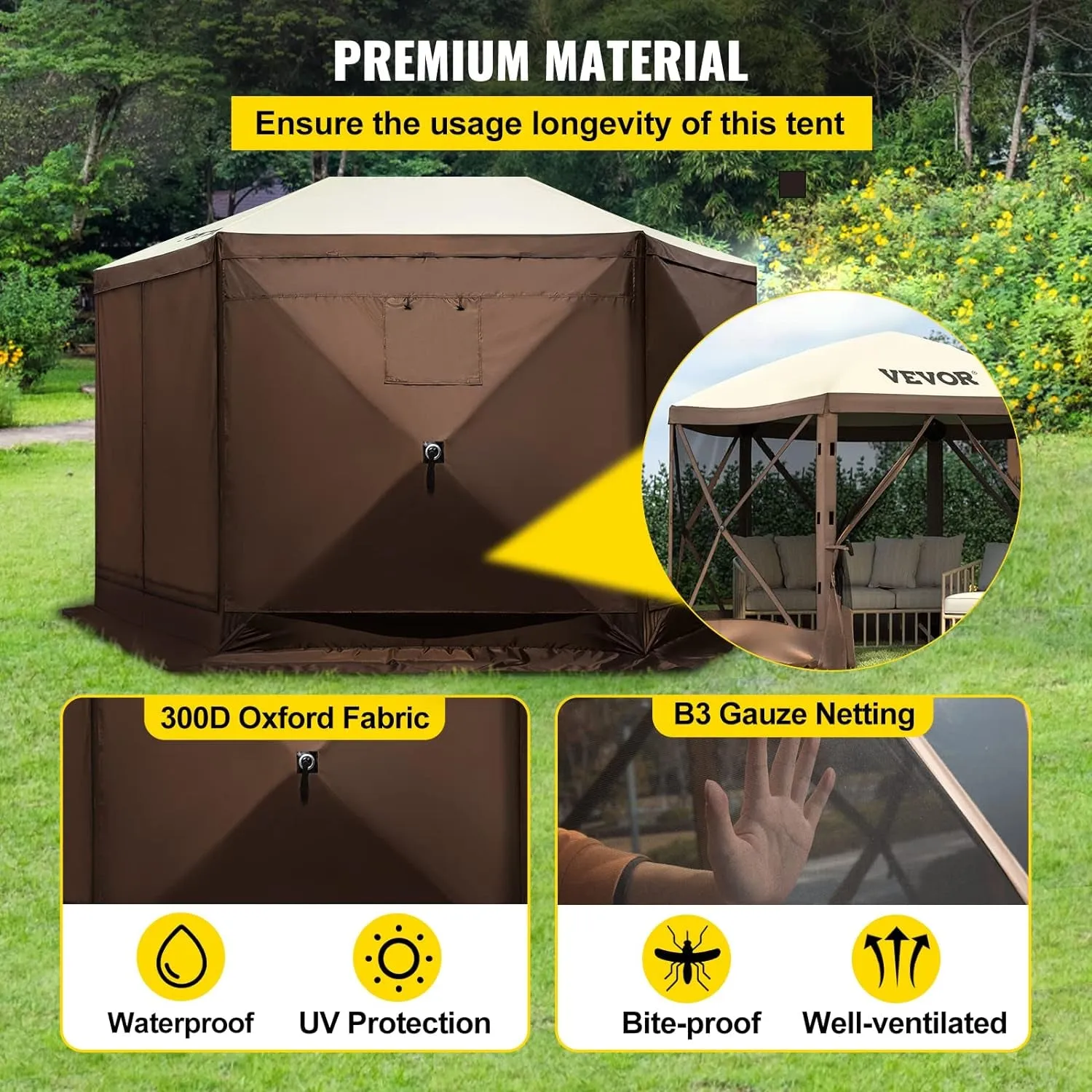 Pop up Gazebo Screen Tents, Pavilion Gazebo Tent, 12 X 12 Ft 6-Sided Camping Gazebo Instant Canopy Sun Shelter with 6 Removable Privacy Wind Cloths, Mosquito Netting, for Patio, Backyard, Lawn