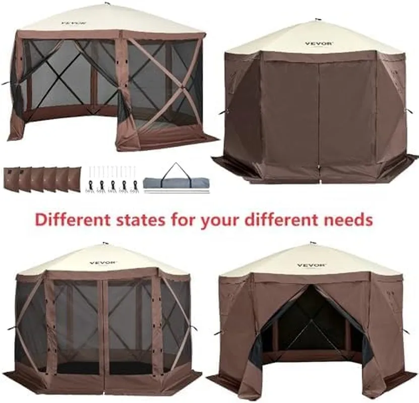 Pop up Gazebo Screen Tents, Pavilion Gazebo Tent, 12 X 12 Ft 6-Sided Camping Gazebo Instant Canopy Sun Shelter with 6 Removable Privacy Wind Cloths, Mosquito Netting, for Patio, Backyard, Lawn