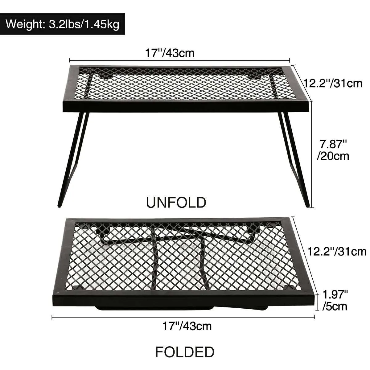 Portable Heavy Duty Folding Steel Campfire Grill Grate for Outdoor Cooking, Black