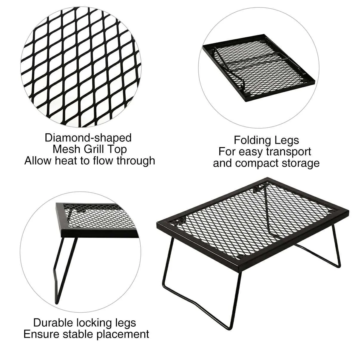 Portable Heavy Duty Folding Steel Campfire Grill Grate for Outdoor Cooking, Black