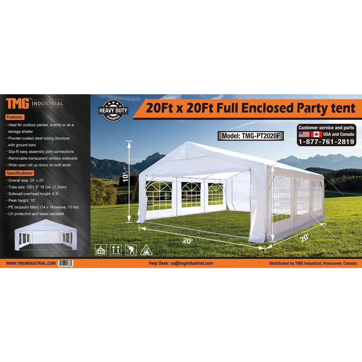 TMG Industrial 20' x 20' Heavy Duty Outdoor Party Tent with Removable Sidewalls and Roll-Up Doors, PE tarpaulin fabric, 6’6” Overhead, 10’ Peak Ceiling, TMG-PT2020F