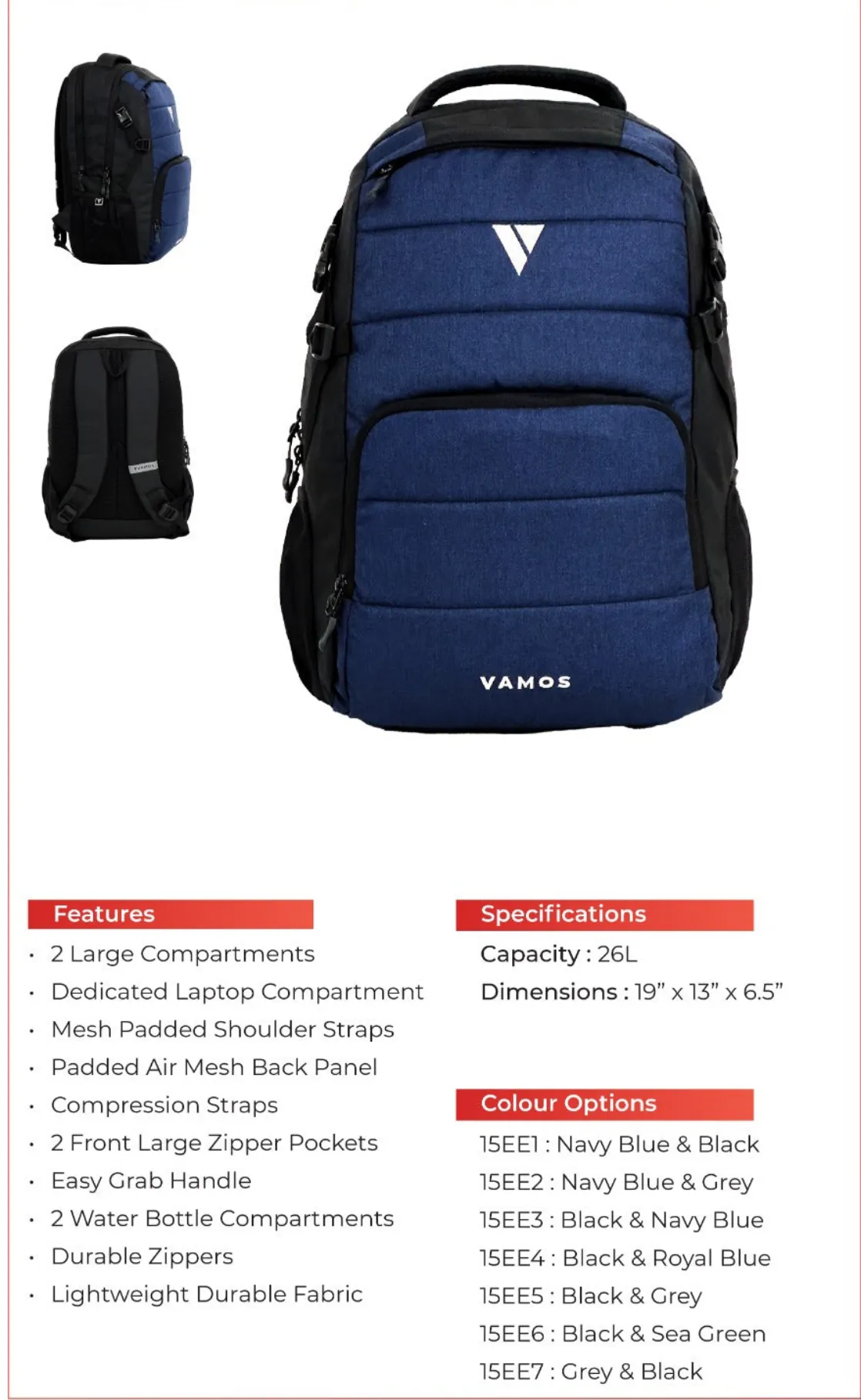 VAMOS Epic Explorer Back Pack 15EE1 - Capacity : 26L