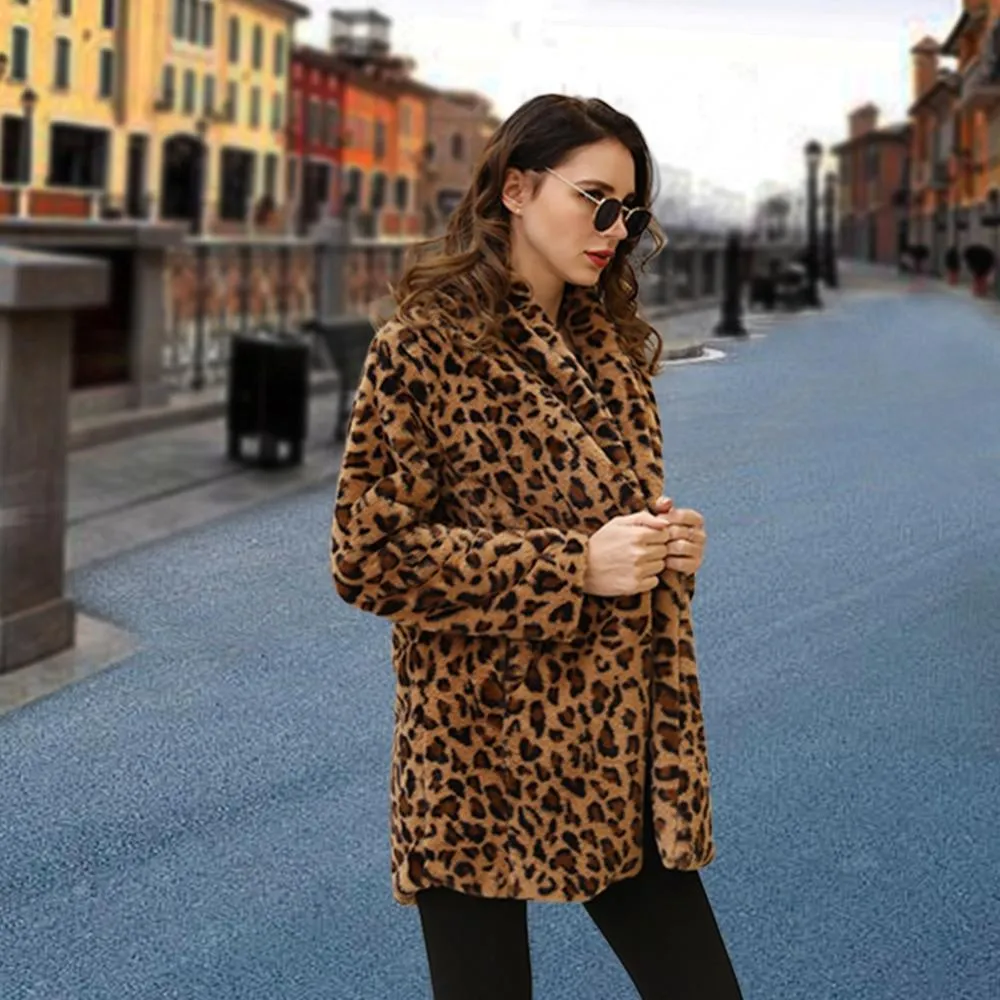 Winter Warm Plush Teddy Coat Long Leopard Print Faux Fur Jacket